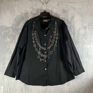 Quacker Factory Women's Top 2X Button Up Western Rhinestone Black Long‎ Sleeve